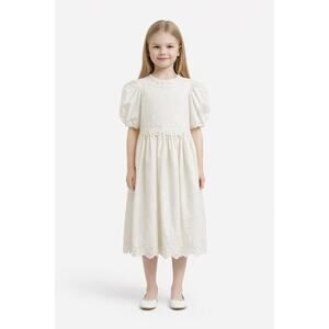 1980s Ruth of Carolina Ivory Lace Trim Girls formal Puff Sleeve Dress USA age 8